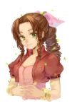  1girl aerith_gainsborough bow bracelet brown_hair cat_princess cropped_jacket final_fantasy final_fantasy_vii green_eyes hair_bow jewelry long_hair looking_at_viewer payot ponytail smile solo 