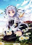  1girl absurdres artist_request butterfly chaika_trabant clouds coffin flower highres hitsugi_no_chaika looking_at_viewer plant silver_hair sitting solo thigh-highs violet_eyes wariza 