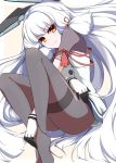  1girl bangs black_legwear blunt_bangs gloves hair_ribbon headgear kantai_collection long_hair looking_at_viewer murakumo_(kantai_collection) orange_eyes pantyhose red-eyes_macadamiachoco remodel_(kantai_collection) ribbon sailor_dress smile solo thighband_pantyhose tress_ribbon white_hair 