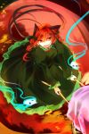  1girl animal_ears cat_ears cat_tail dress flaming_skull floating_skull green_dress juliet_sleeves kaenbyou_rin kutsuki_kai long_sleeves multiple_tails open_mouth puffy_sleeves red_eyes redhead smile solo tail touhou wheelbarrow 