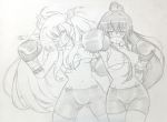  bike_shorts blood boxing boxing_gloves hair_ornament kantai_collection long_hair monochrome mouth_guard multiple_girls ponytail punching shinkaisei-kan southern_ocean_war_hime traditional_media twintails tyatyasaburou yamato_(kantai_collection) 