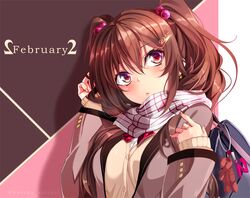  1girl bag blush brown_hair earrings fake_nails february hair_ornament hairclip haruka_natsuki jewelry original scarf school_bag school_uniform solo twintails violet_eyes 