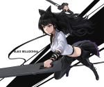  1girl arm_ribbon black_hair black_pants blake_belladonna bow character_name cleaver dual_wielding english hair_bow half-skirt long_hair looking_away midriff mossi pants pouch ribbon rwby shirt solo sword waist_cape wavy_hair weapon white_shirt yellow_eyes 