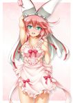  1girl apron arm_up blue_eyes blush breasts cowboy_shot elphelt_valentine guilty_gear guilty_gear_xrd hairband heart highres looking_at_viewer naked_apron pink_hair roura short_hair smile spikes 