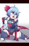  1girl alternate_costume ascot black_gloves black_legwear blue_hair brooch commentary_request elbow_gloves gauntlets gloves hair_ribbon highres jewelry leotard open_mouth red_eyes remilia_scarlet ribbon solo squatting thigh-highs touhou tsukigi 