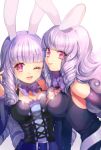  2girls :p animal_ears blush breasts chuchu_(show_by_rock!!) cleavage curly_hair heart heart-shaped_pupils highres large_breasts long_hair looking_at_viewer momoshiki_tsubaki multiple_girls one_eye_closed purple_hair rabbit_ears revision show_by_rock!! smile symbol-shaped_pupils tongue tongue_out 