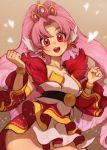  1girl bangs belt bracelet brown_background cure_scarlet dawkinsia detached_sleeves earrings go!_princess_precure jewelry long_hair magical_girl parted_bangs pink_hair precure red_eyes skirt smile solo towa_(go!_princess_precure) 