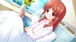  angel_beats! bed flower game_cg long_hair na-ga otonashi_hatsune pajamas redhead sunflower violet_eyes 