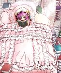  1girl bed blush book crescent_hair_ornament fifiruu hair_ornament hat long_hair patchouli_knowledge purple_hair reading solo touhou violet_eyes 