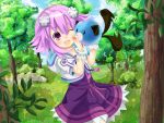  1girl choujigen_game_neptune d-pad dogoo dress forest hair_ornament highres hoodie_vest jacket licking long_hair madgrav nature neptune_(choujigen_game_neptune) neptune_(series) one_eye_closed purple_hair tail tail_wagging tree violet_eyes 