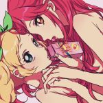  2girls aikatsu! blonde_hair brown_eyes hair_ribbon iketsuko interlocked_fingers juice_box long_hair looking_at_viewer mouth_hold multiple_girls nude open_mouth otoshiro_seira redhead ribbon saegusa_kii twintails upper_body yuri 