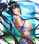  1girl barefoot black_hair blue_eyes breasts hestia_(danmachi) large_breasts lips long_hair looking_at_viewer nudtawut_thongmai rei_no_himo sideboob smile solo twintails 