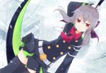  1girl belt bow brown_eyes gloves hair_bow hiiragi_shinoa owari_no_seraph purple_hair scythe smile solo thigh-highs wagi_(wagi26) white_gloves zettai_ryouiki 