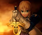  1girl ahoge armor armored_dress blonde_hair dress excalibur fate/stay_night fate_(series) gauntlets green_eyes saber sen_(77nuvola) solo sunset tears 