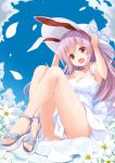  1girl animal_ears bare_arms bare_legs bent_knees dress flower hands_on_headwear hat long_hair note_(aoiro_clip) open_mouth panties pantyshot pink_hair rabbit_ears red_eyes reisen_udongein_inaba sandals solo striped striped_panties sundress touhou underwear 