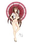  1girl absurdres alternate_costume bikini brown_hair highres jacket kantai_collection long_hair navel ponytail red_eyes reon-shi sandals side-tie_bikini solo swimsuit topless umbrella yamato_(kantai_collection) 