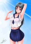  1girl arm_up armpits black_hair blue_eyes bra breasts cloel dripping highres hot long_hair original school_uniform see-through serafuku skirt sweat sweating underwear wet wet_clothes 