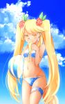  1girl bangs blonde_hair blue_swimsuit clouds cloudy_sky comah flower glasses hair_ornament long_hair orange_eyes outdoors polka_dot polka_dot_swimsuit retoree show_by_rock!! sky solo swimsuit thigh_strap twintails very_long_hair 