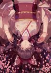  1girl bow brown_hair cherry_blossoms detached_sleeves hair_bow hakurei_reimu highres long_hair revision solo touhou upside-down zicai_tang 