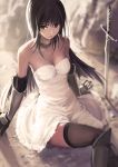  1girl bangs bare_shoulders black_hair breasts brown_eyes choker cleavage domo1220 dress elbow_gloves gauntlets gloves greaves long_hair looking_at_viewer on_ground original planted_sword planted_weapon sitting solo strapless_dress sword thigh-highs weapon white_dress 