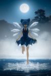  1girl barefoot blue_hair bow cirno fog full_moon hair_bow highres holding_skirt ice justinas_vitkus looking_down moon moonlight night ripples see-through short_hair snowflakes solo standing_on_one_leg touhou tree walking walking_on_water water 