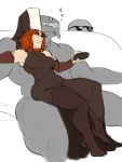  1boy 1girl black_legwear breasts controller detached_sleeves habit hetero jesus_avalos monster_boy mother_superior muscle no_shoes nun orange_hair original pantyhose remote_control short_hair side_slit sitting sitting_on_lap sitting_on_person sleeping sleeping_upright 