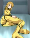  1girl ass blonde_hair blue_eyes bodysuit female long_hair looking_at_viewer lying military military_uniform monteri mori_yuki skin_tight smile solo uchuu_senkan_yamato uchuu_senkan_yamato_2199 uniform 