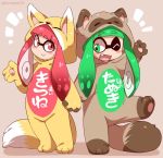 2girls ;d animal_costume blush domino_mask eromame fang fox_costume green_eyes green_hair holding_hands inkling leg_up long_hair mask multiple_girls one_eye_closed open_mouth pink_eyes pink_hair smile splatoon splatoon_(series) tanuki_costume twitter_username