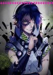  blue_hair grin hand_print headphones looking_at_viewer lor968 one_eye_closed original short_hair smile yellow_eyes 