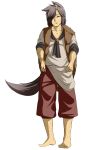  1boy animal_ears barefoot beard brooch brown_hair facial_hair genderswap highres imaizumi_kagerou jewelry long_hair red_eyes shika_miso solo tail touhou wolf_ears 