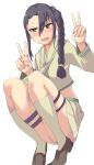  1girl alternate_costume armadillo-tokage bent_knees black_hair braid cosplay double_v embarrassed green_clothes hair_between_eyes highres kantai_collection kitakami_(kantai_collection)_(cosplay) long_hair looking_at_viewer midriff miniskirt nachi_(kantai_collection) open_mouth school_uniform side_braid single_braid skirt skirt_set thighs v wavy_mouth 