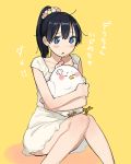  1girl bird black_hair blue_eyes casual dera_mochimazzui dress kitashirakawa_tamako long_hair momose_(oqo) ponytail sitting tamako_market wariza 