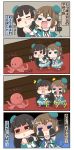  2girls 4koma black_hair blue_eyes brown_eyes brown_hair chibi choukai_(kantai_collection) comic commentary glasses hat highres kantai_collection long_hair maya_(kantai_collection) multiple_girls octopus pleated_skirt puchimasu! remodel_(kantai_collection) shaded_face short_hair skirt sleeveless surprised sweat translated uniform yuureidoushi_(yuurei6214) 