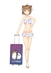  1girl 2_fuel_4_ammo_11_steel absurdres alternate_costume bikini brown_eyes brown_hair double_bun failure_penguin hand_on_hip highres kantai_collection luggage miss_cloud naka_(kantai_collection) navel reon-shi short_hair solo swimsuit 