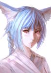  1girl animal_ears arsenixc blue_hair blush cat_ears japanese_clothes kimono original portrait red_eyes simple_background solo twintails 