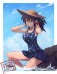  1girl black_hair blue_sky bow brown_eyes clouds collarbone dyson_(edaokunnsaikouya) feet_in_water hat kantai_collection long_hair one-piece_swimsuit polka_dot polka_dot_swimsuit red_bow rock sitting sky soaking_feet solo sun_hat swimsuit ushio_(kantai_collection) water wristband 