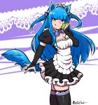  1girl :q akairiot alternate_costume alternate_hair_color animal_ears apple bangs black_legwear blue_hair blunt_bangs breasts bridal_gauntlets cleavage commentary enmaided fire_emblem fire_emblem:_kakusei food fruit fusion holo long_hair maid maid_headdress nail_polish pink_eyes puffy_short_sleeves puffy_sleeves purple_nails short_sleeves solo spice_and_wolf tail tharja thigh-highs tongue tongue_out two_side_up wolf_ears wolf_tail zettai_ryouiki 