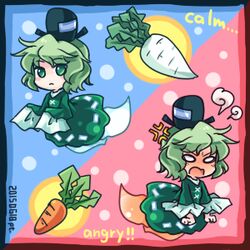  1girl anger_vein angry calm carrot ghost_tail green_eyes green_hair hat lowres pote_(ptkan) radish soga_no_tojiko solo tate_eboshi touhou 