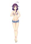  1girl absurdres ahoge alternate_costume bikini denim denim_shorts highres kantai_collection long_hair navel open_fly purple_hair red_eyes reon-shi sandals shorts solo swimsuit taigei_(kantai_collection) unzipped 