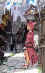  1girl 2boys animal_ears armor arms_behind_back artist_name belt blush chocobo city coat crate dated elezen elf final_fantasy final_fantasy_xiv lantern miqo&#039;te multiple_boys pauldrons pink_hair pointy_ears profile road sheath shield signature sketch smile solo_focus street sword tommy830219 twintails weapon 