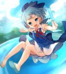  1girl bare_legs blue_dress blue_eyes blue_hair blue_sky cirno dress fang flying highres ice ice_wings lake looking_at_viewer open_mouth outstretched_arms paragasu_(parags112) puffy_short_sleeves puffy_sleeves shirt short_sleeves sky slippers smile solo touhou upskirt wings 