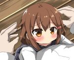  1boy 1girl admiral_(kantai_collection) blush brown_eyes brown_hair commentary_request hair_ornament hairclip hug ikazuchi_(kantai_collection) kantai_collection oshiruko_(uminekotei) pout school_uniform serafuku short_hair 