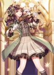  1girl bow_(instrument) brown_eyes brown_hair chandelier ganik_(pisshine) gloves gradient_hair hair_ornament instrument jacket jewelry kneehighs long_hair mole multicolored_hair original pleated_skirt purple_hair skirt smile solo tagme violin 