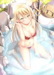  1girl :o bag barefoot blonde_hair blush breasts chestnut_mouth cleavage collarbone elf female highres karutamo long_hair looking_at_viewer original pointy_ears pond sitting solo swimsuit sword wariza water weapon wet yellow_eyes 