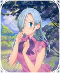  1girl arsenixc blue_eyes blush character_name clouds dress earrings elizabeth_liones grass hair_over_one_eye highres jewelry light_rays long_hair looking_at_viewer nanatsu_no_taizai sky smile solo sunbeam sunlight tree 