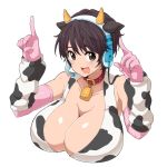  1girl :d animal_ears bell breasts brown_eyes brown_hair cleavage collar cow_ears cow_horns cow_print elbow_gloves gloves hairband headphones headset horns huge_breasts idolmaster idolmaster_cinderella_girls nash_(na-si) oikawa_shizuku open_mouth pink_gloves short_hair smile solo 
