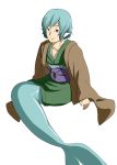  1boy animal_ears blue_eyes blue_hair genderswap head_fins highres japanese_clothes kimono mermaid monster_girl obi sash shika_miso short_hair smile solo touhou wakasagihime 