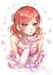  1girl bare_shoulders blush dated earrings elbow_gloves gloves jewelry lma looking_at_viewer love_live!_school_idol_project nishikino_maki parted_lips petals pink_gloves redhead short_hair signature solo upper_body violet_eyes 