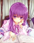  1girl arm_support bed blush book canopy_bed capelet grimoire hair_ribbon highres kitou_kaitai long_hair long_sleeves looking_at_viewer lying magic_circle on_bed on_stomach patchouli_knowledge pillow purple_hair ribbon smile solo touhou tress_ribbon very_long_hair violet_eyes wide_sleeves 
