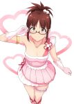  1girl adjusting_glasses akizuki_ritsuko breasts brown_eyes brown_hair cleavage collarbone dress glasses gloves heart highres idolmaster jewelry looking_at_viewer necklace pendant pink_dress pink_gloves revision smile solo thigh_strap thighs tsurui 